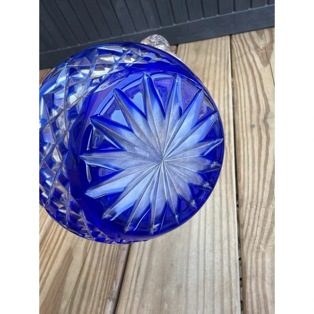 Vintage Bohemian Cobalt Blue Cut To Clear MCM Atomic Starburst Vase Pitcher 5